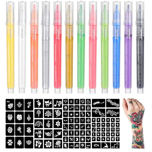 ANTIKE Temporary Tattoo Markers for Skin,12 Colors Washable Body Tattoo Pens+104 Unique Tattoo Stencils,Body Markers Temporary Tattoo Kit for Teens and Adult ZYH2311001KIT