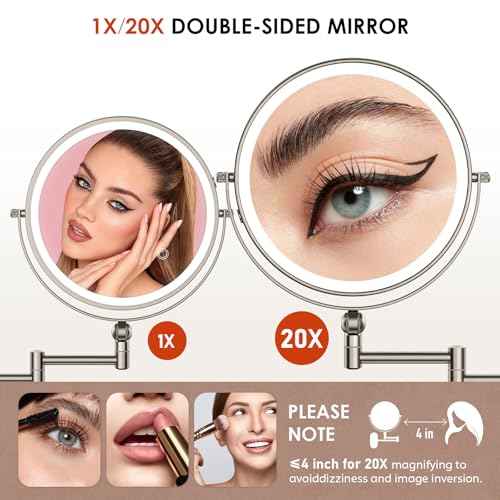 9" Wall Mounted Lighted Makeup Mirror,4000mAh Rechargeable Double Sided 1X/20X Magnifying Mirror with Light,Touch Dimmable,Extended Arm 360 Rotation Wall Mounted Makeup Mirror 3 Color Lights-N