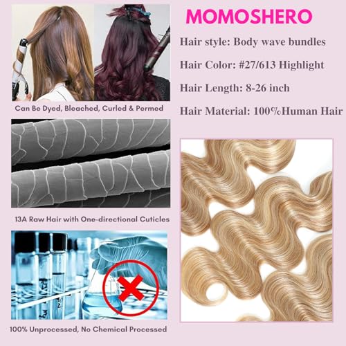 27/613 Blonde Highlight Bundle Human Hair Body Wave 24 Inch, 13A #F27/613 Highlight Blonde Human Hair Single Wavy Bundle Body Wave Soft Healthy 100% Unprocessed Virgin Hair Weave Extensions