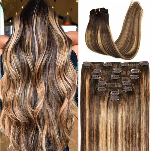 Savasana Clip in Hair Extensions Real Human Hair Straight 7 Pcs Balayage Clip in Hair Extensions Double Weft Thick Chocolate Brown to Caramel Blonde 18 Inch 120g