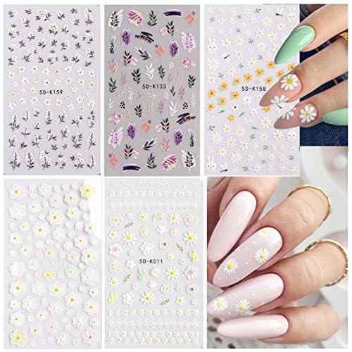 5D Leaf Flowers Nail Stickers For Nail Art Decor,Embossed Daisy Floral Nail Decals 3D Self-Adhesive Nail Supplies Leaves Rabbit Charms Spring Flower Stickers For Women Acrylic Nails Decorations,5sheet