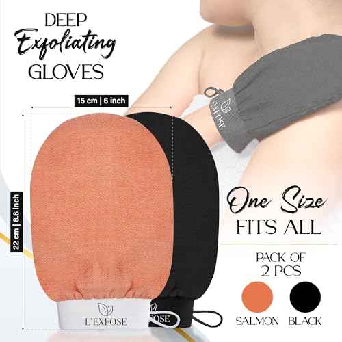 L'Exfose Kessa Hammam Deep Exfoliating Glove 2pc - Korean Exfoliating Mitt for Shower Ideal for Dead Skin Remover, Keratosis Pilaris & Self-Tanning to Improve Skin Tone Made with 100% Natural Viscose