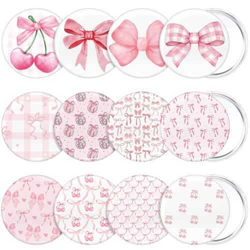 12 Pcs Coquette Aesthetic Compact Mirror Bulk Bow Travel Makeup Pocket Purse Mini Mirror for Women Wedding Bridal Shower Birthday Breast Cancer Coquette Party Favor (Cute Style,Pink)