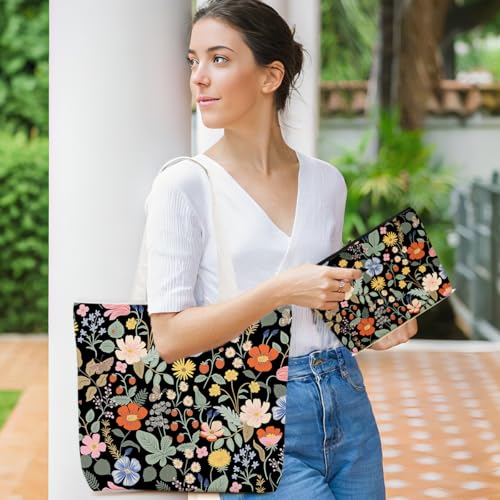 Aesthetic Floral Tote Bag Makeup Bag Flower Decor Gifts for Girls Christmas Shopping Grocery Bags Cosmetic Bags