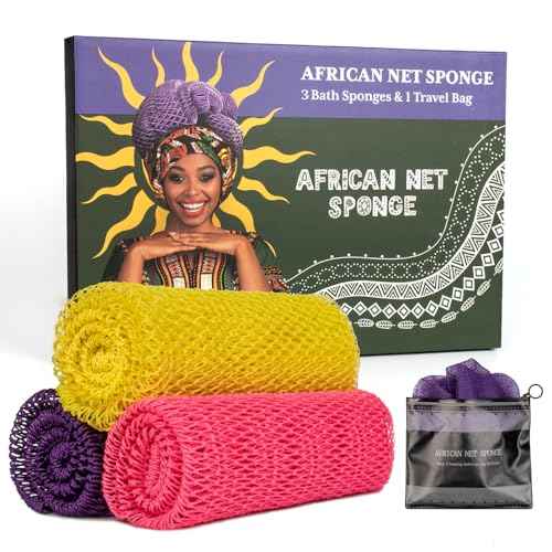 African Net Sponge Authentic 3 Pieces with Storage Bag, African Exfoliating Net Sponge Washcloth, Exfoliating Body Scrubber Bath Sponge Bathing Accessories (Rose, Purple, Bright Yellow)
