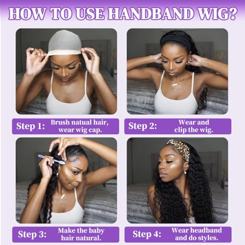 Headband Wig Human Hair Deep Wave 22 Inch Curly Headband Wigs for Black Women Glueless No Lace Half Wig Brazilian Virgin Hair Deep Curly Natural color