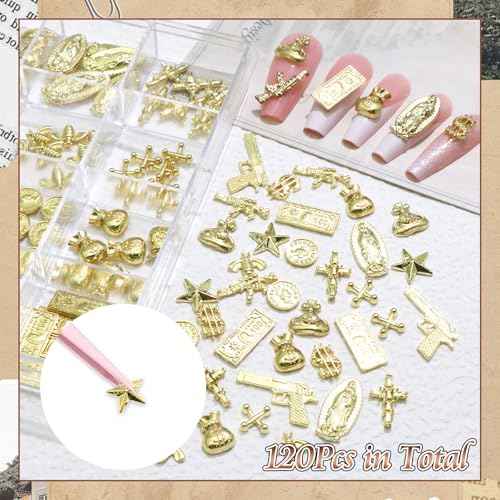 BELICEY 120Pcs 3D Gold Nail Charms, 12Styles Alloy Dollar Gun Coin Nail Art Charms, Golden Punk Star Cross Virgin Mary Charms for Nails, Mix Nail Jewelry Rhinestones for Nails Design Manicure Crafts