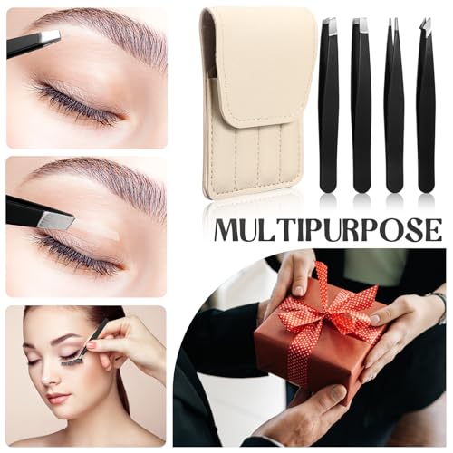 Lasnten 12 Sets Eyebrow Tweezers Set and Curved Scissors, 4 in 1 Professional Stainless Steel Tweezers for Women and Men, Splinter and Ingrown Hair Removal with Travel Case(Beige)