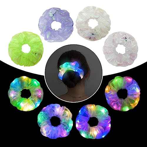 4Pcs Light Up Scrunchies Halloween Hair Tie, LED Neon Hair Accessories for Women & Girls, Glow in the Dark Party Supplies Sleepover Party Favor Rave Accessory