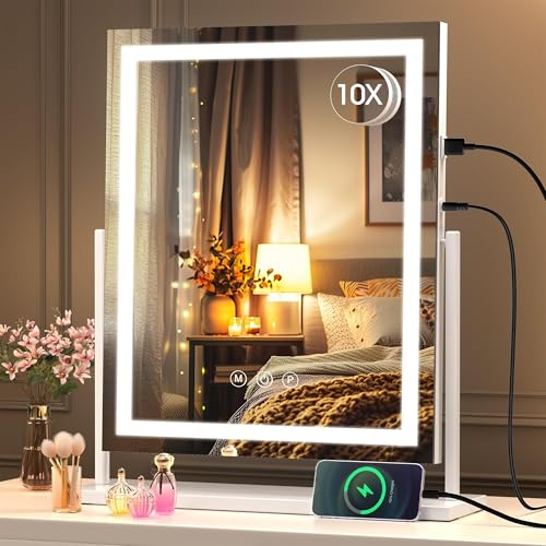 Hasipu Vanity Mirror with Lights, 16" x 20" LED Makeup Mirror, Light up Mirror with Smart Touch 3 Color Modes and Brightness Adjustment, 10X Magnifying Glass,360¡Æ Rotation