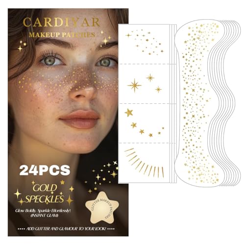 Glitter Freckles Face Tattoo - 24PCS Waterproof Gold Temporary Sparkle Patches for Women, Glow Up Makeup (Gold)