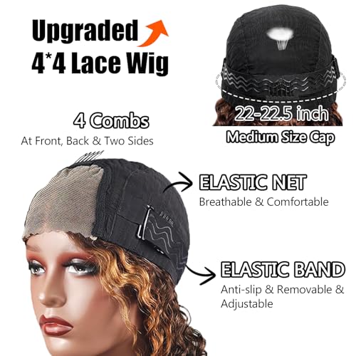 16 Inch Ombre Lace Front Wigs Human Hair Glueless Curly Bob Wigs Highlight 4x4 Deep Curly Bob Water Wave Pre Plucked Pre Cut Lace Closure Wigs with Natural Hairline for Women