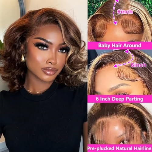 Bob Wig Human Hair 13x6 Body Wave Lace Front Wigs Human Hair Highlight Ombre P4/27 Glueless Wigs Pre Plucked With Baby Hair 200 Density Hd Lace Frontal Wigs For Black Women 16 Inch