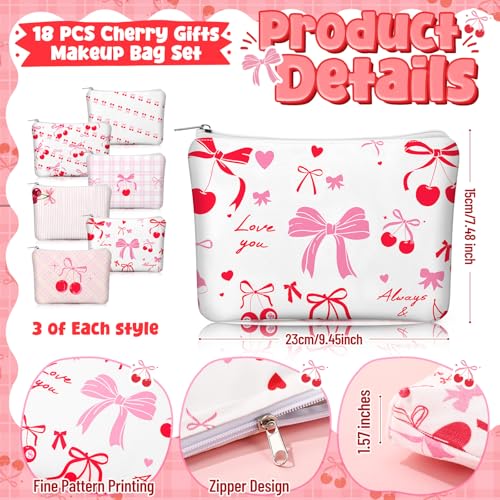 Kacctyen 18 Pcs Pink Cherry Bow Coquette Makeup Bag Cute Bow Canvas Cosmetic Bag for Women Girl with Zipper Aesthetic Travel Stuff Small Pouch for Birthday Party Favor