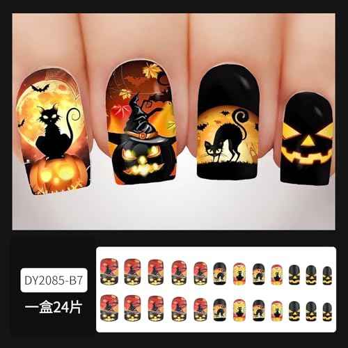 Halloween Short Press on Nails Black Cat Halloween Fake Nails Pumpkin Bat Designs Halloween Stick on Nails Full Cover Halloween Square False Nails Cute Halloween Glue on Nails for Women Girls