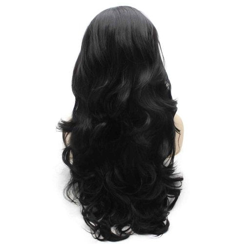 Peakia Long Wavy Dark Brown Natural Half Hand Tied Synthetic Lace Front Wig Natural