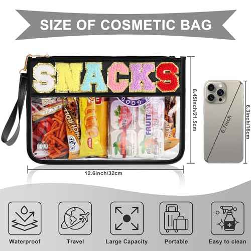 Snack Bag for Travel - Clear Chenille Varsity Letter Flat Pouch with Zipper, 12.2¡¿8.46 inch Waterproof Clear Nylon Preppy Patch Makeup Cosmetic tote Bags for Women Girls