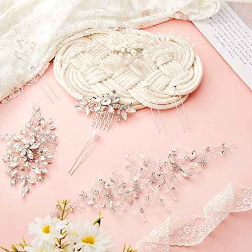 Maitys 44 Pieces Wedding Hair Accessories Faux Pearl Crystal Comb Clips U-shaped Flower Rhinestone Silver Pearl Hair Pieces for Prom Bride Bridesmaid(Elegant Style)