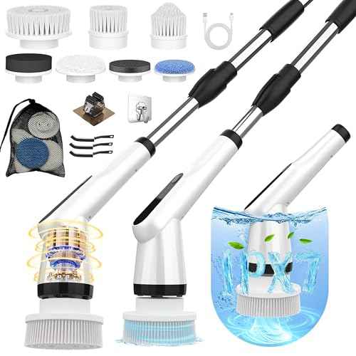 Electric Spin Scrubber, Dreazu IPX7 Bathroom Scrubber with 7 Replaceable Brush Heads & Retractable Handle, 2-Speed Adjustable Shower Cleaner Brush for Bathroom, Bathtub, Kitchen, Tile Floors