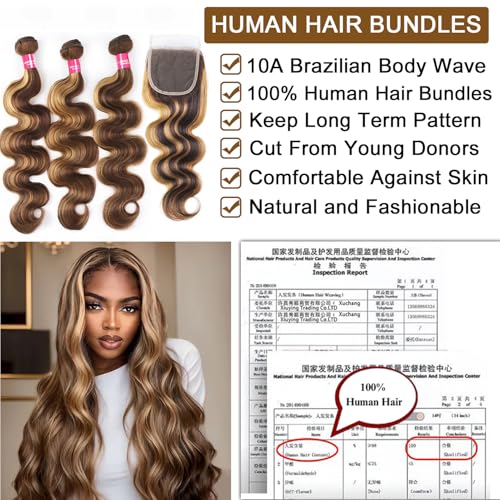 Highlight Bundles with Closure Human Hair Body Wave P4/27 Honey Blonde Brown Bundles with Highlights human hair 10A Brazilian Body Wave with Closure 16 18 20+16inch