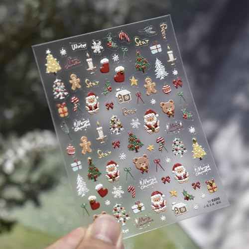 1 Sheet Christmas Nail Sticker Self- Adhesive Nail Decals with Cute Snowman Candle Snowflake Bow Elk Santa Claus Design Xmas Nail Art Stickers for Women Winter Holiday Nail Sticker