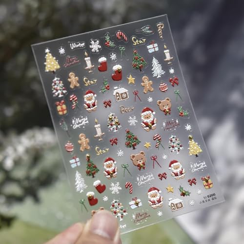 1 Sheet Christmas Nail Sticker Self- Adhesive Nail Decals with Cute Snowman Candle Snowflake Bow Elk Santa Claus Design Xmas Nail Art Stickers for Women Winter Holiday Nail Sticker