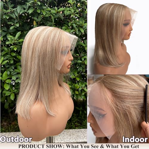 8T860 10 Inch Highlight Bob Wigs Human Hair for White Women Brown to Blonde with Brown Roots Ombre 13x6 HD Lace Front Wig Human Hair Pre Plucked Pre Cut Glueless Straight Bob Wigs with Baby Hair