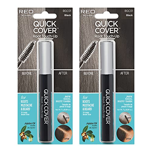 RED by KISS Quick Cover Root Touch Up Rescue (Black 2 Pack), Mascara Natural Water-Resistant Temporary Gray Concealer Cover Up Brush for Hair Mustache & Beard, Formulated with Jojoba Oil