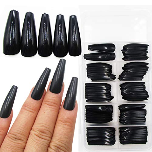100pc Colored Coffin Press on Nails Long Ballerina False Fake Nail Tips Full Cover Manicure Design Acrylic Nails for Women Teen Girls (Black)