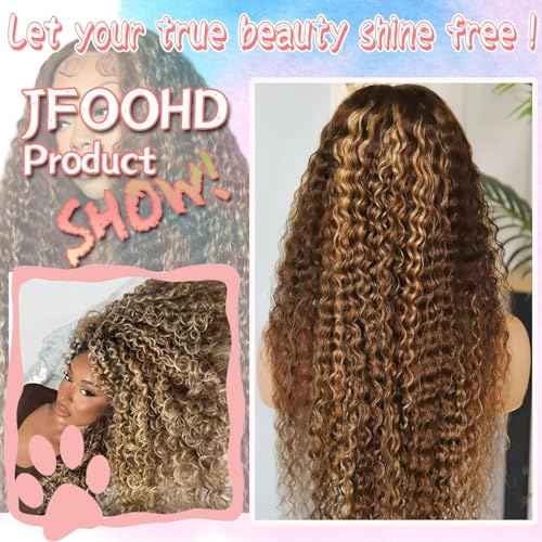 JFOOHD 28 Inch Highlight Deep Wave Lace Front Wigs Human Hair 200% Density 13x4 Deep Curly Human Hair Wig Pre Plucked P4/27 Ombre HD Lace Frontal Wigs for Women