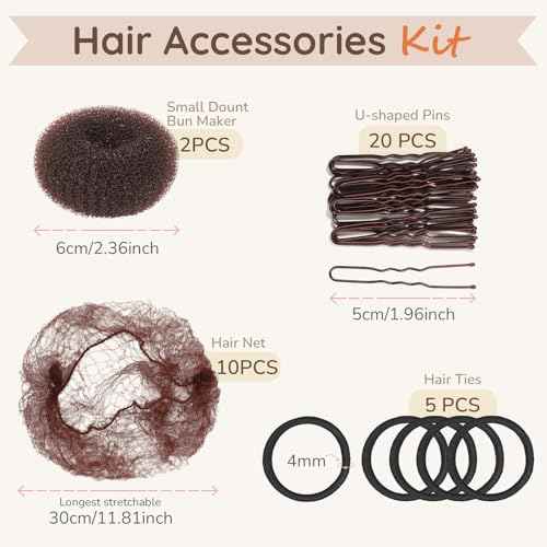 Teenitor Hair Net and Small Donut Bun Maker for Kids, 10 Pcs 30cm Invisible Hair Nets, 2 Pcs Hair Bun Maker with U Shaped Bobby Pins 20 Pcs and 5 Elastic Bands, Ballet Bun Kit For Kids, Dark Brown
