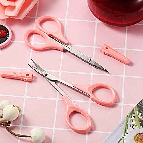 2 Pack Small Scissors 4 Inch Curved Eyebrow Beauty Stainless Steel Trimming Scissors for Eyelash Facial Nose Hair(Pink)
