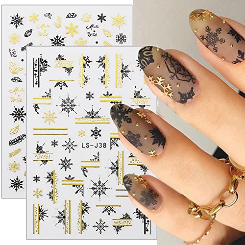 4 Sheets Christmas Nail Stickers Snowflake Nails Black Gold Christmas Nail Art Decorations Winter Snow Flake Elk Abstract French Self-Adhesive Design Nail Art Decals for Women New Years Nail Supplies