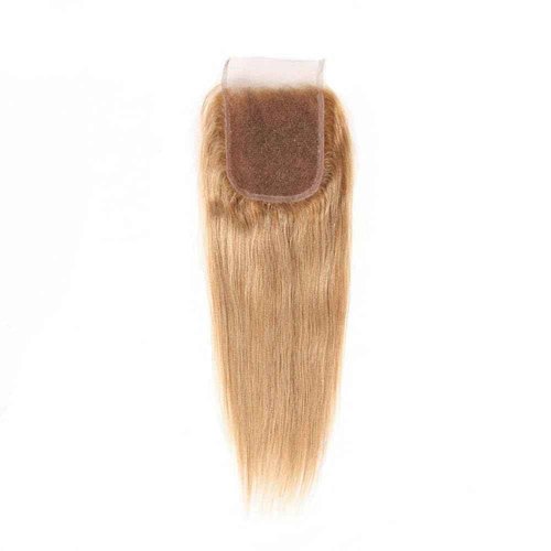 ijoy Honey Blonde 3 Human Hair Bundles with Lace Closure 4x4 Free Part 10 12 14+C10 Inch Human Hair Long Straight Bundle 10A Brazilian Virgin Hair Extension