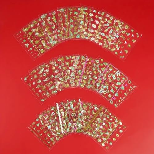 30 Sheets Christmas Nail Art Stickers Decals Set, Golden Cartoon Designs with Snowflakes, Snowmen, Trees, Reindeer, Bells, 3D Adhesive Embellishments, Shimmery Hexagonal Self-Adhesive Nail Decor