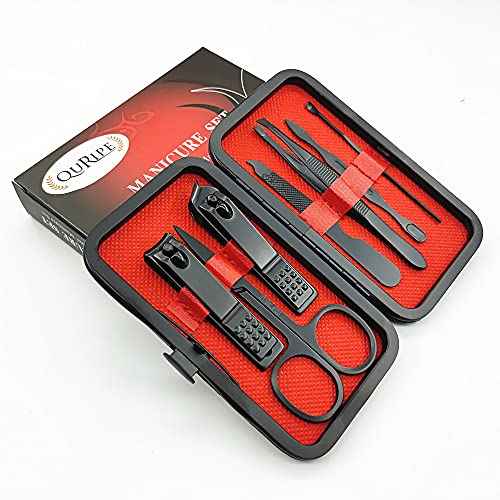 7pcs Manicure Set, Nail Clippers Kit, Stainless Steel Manicure Kit, Nail Clipping Tools Portable Travel Grooming Kit, The Best Gift with Luxurious Case (Black-7)