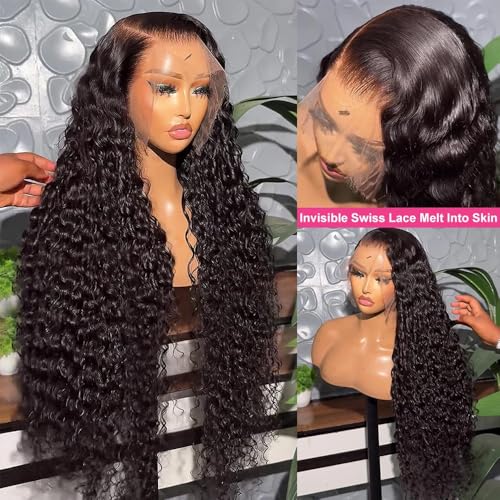 13x6 Deep Wave Lace Front Wigs Human Hair 200% Density HD Lace Frontal Wigs 12A Glueless Curly Wigs Human Hair Pre Plucked with Baby Hair Wet And Wavy Wigs for Black Women Natural Black 20 inch