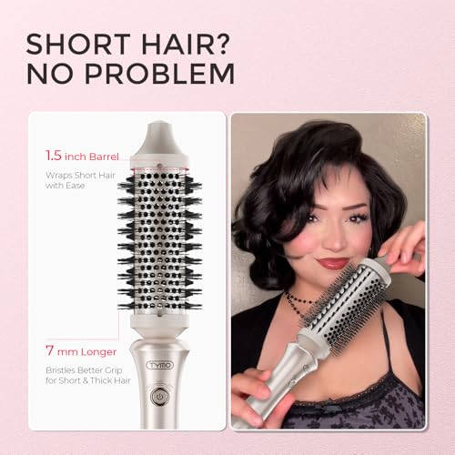 TYMO Thermal Brush Curling Brush - STYLUX 1.5 Inch Blowout Volumizer with Flexi-Fit for Hair Straightening, Heated Round Styler Tool, Hair Straightener and Curler 2 in 1, Dual Voltage, Gold