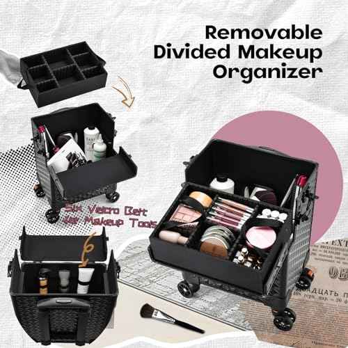 5 in 1 Makeup Train Case, Cosmetology Case on Wheels Travel Make up Case Rolling Nail Cart Makeup Organizer Cosmetic Storage Box Cases Extra Large Trolley Truck with 360¡Æ Swivel Wheels, Black
