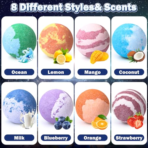 Galaxy Bath Bombs for Kids with Surprise Inside Space Toys, 8 Pack Planet Bath Bombs with Solar System Gemstones Organic Bubble Bath Fizzies Birthday Christmas Gifts for Boys Girls