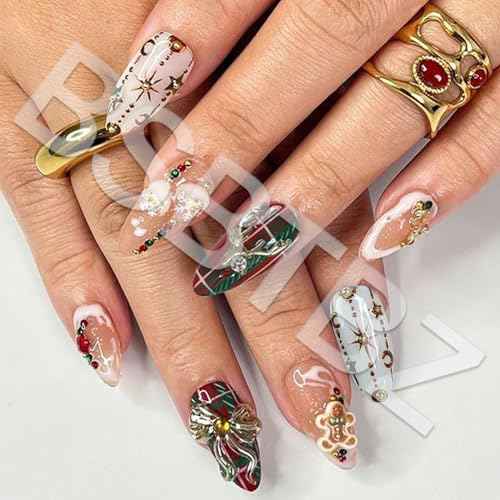 24Pcs Christmas Fake Nails Luxury Handmade Press on Nails with 3D Bow Elk Rhinestone Charm Designs Cute Gingerbread Almond False Nails Nail Tips Full Cover Red Plaid Deer DIY Xmas Nails for Women