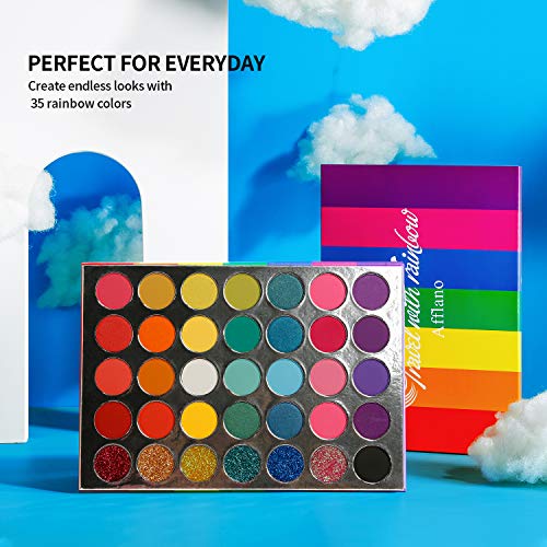 Afflano Rainbow Eyeshadow Palette Matte Shimmer Pressed Glitter, Pigmented Colorful Eye Shadow Pallets, Pink Red Orange Yellow Green Blue Purple 35 Color, Bright Prime Makeup Palette
