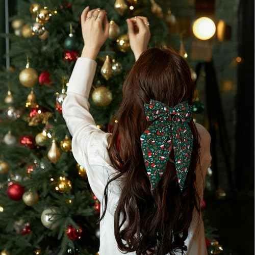 AMCAMI 3Pcs Christmas Bows Hair Clips,Bow Barrettes with Large Long Tail Ribbon,Christmas Hair Accessories Gifts Stocking Stuffers