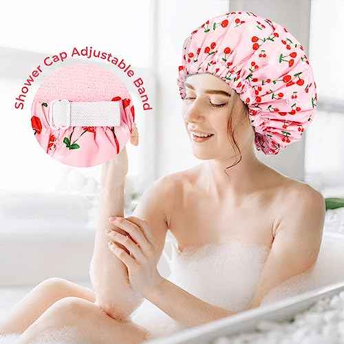 Shower Cap for Women Terry Lined Bath Cap Large Reusable Waterproof Elastic Band Pink Shower Caps for Long Thick Hair Soft Bath Shower Hair Caps