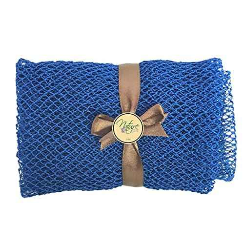 Net Bath Sponge, Customized N1 Weave, NKN Naturals, Long, Skin Exfoliation, African, Ghana, Porous, Stretches Horizontally to Approximately 49" (Shade of Blue)
