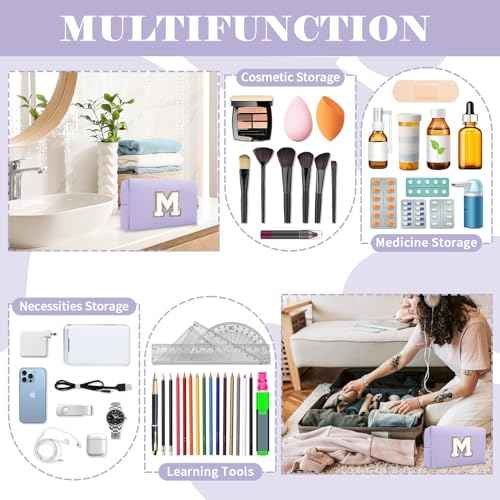 Personalized Makeup Bag Initial A-Z Preppy Patch Bag,Small PU Leather Travel Cosmetic Bag Pouch with Zipper,Purple Cute Toiletry Bag,Gift Ideal for Teen Girls Women Birthday Friend Mom,Latter M