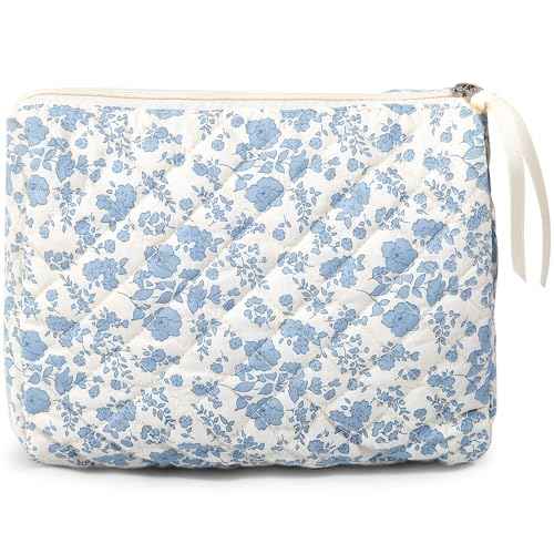 Large Travel Makeup Bag - Quilted Cotton Cosmetic Organizer with Zipper, Cute Coquette Floral Aesthetic Toiletry Pouch Gift for Women (Blue Floral)