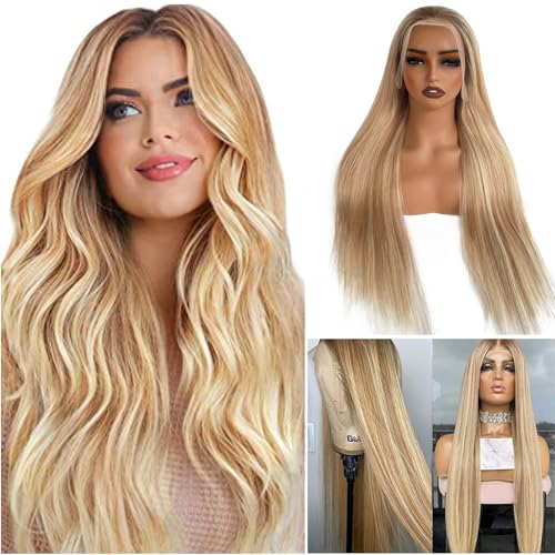 Smavida Highlight Blonde Lace Front Wigs Human Hair Ombre 13x4 Transparent Honey Blonde Glueless Lace Frontal Wig 100% Brazilian Remy Human Hair for White Women 16" (Can Be Curled)