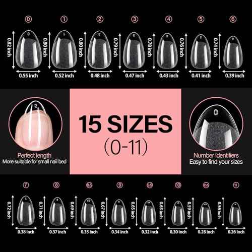 AILLSA Short Almond Nail Tips Pre-Shaped Acrylic Nail Tips Half Matte Full Cover Nails Tips Clear Gelly Press on Flase Tip Nail for Extension Nail Manicure Home DIY 240PCS 15Sizes