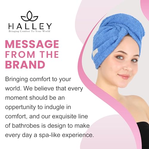 HALLEY Cotton Hair Towel Wrap (3 Packs) Super Absorbent Fast Drying Hair Towel for Thick Hair Turbans for Wet Hair with Button (Pink, Blue, Grey)